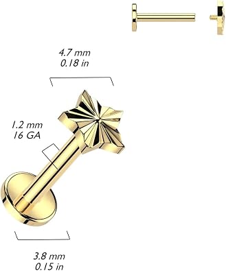 Pierced Owl 16GA ASTM F-136 Implant Grade Titanium Internally Threaded Diamond Cut Star Flat Back Stud