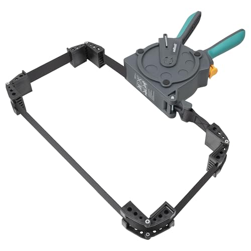 wolfcraft Einhand-Rahmenspanner 3681000 – Bandspanner zur schnellen Fixierung von Brettern & Rahmen – Ratschen Eckspanner mit 5m Spannband