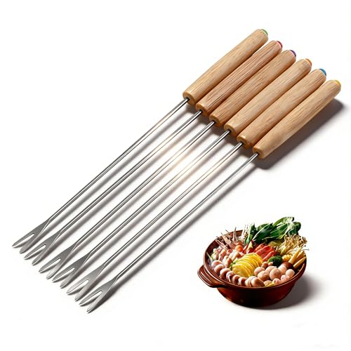 Ensemble de fourchettes à fondue, brochettes en acier inoxydable de 6 pièces avec manche en bois pour fondue au fromage et fondue au chocolat, idéal pour cadeau de fête de camping