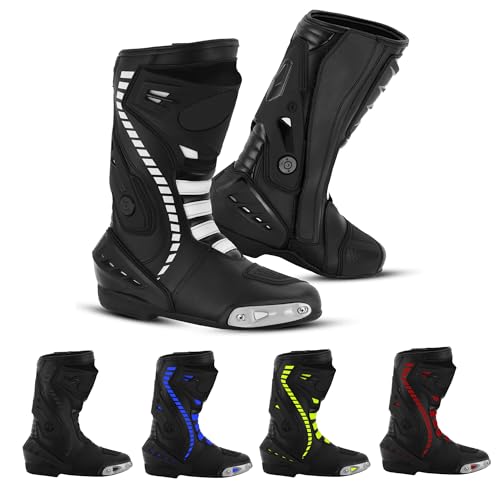 Vaster Moto Herren Motorradschuhe Knöchel wasserdichte Leder-Rennstiefel Rutschfeste Sohle Wasserdichtes Schutzschuhwerk (Weiß, EU Schuhgrößensystem, Erwachsene, Numerisch, M, 42)