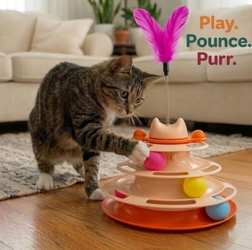 Tower of Tracks Cat Toy - 3-Level Roller with Spring Feather Wand - Image 5