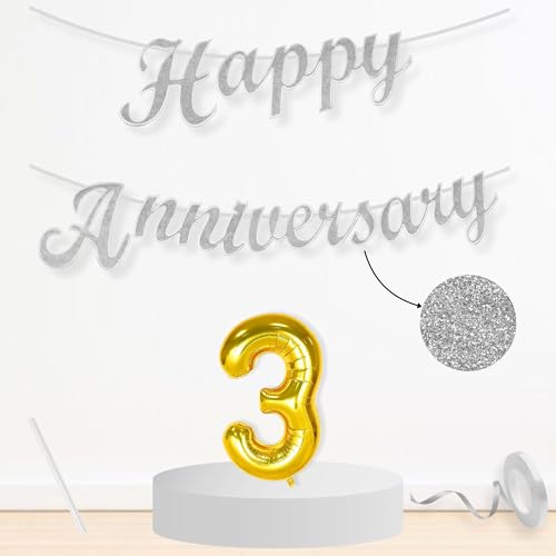 Image of Flyloons 3rd Happy Anniversary Banner Silver Decorations Kit for Men Women Wedding Anniversary Banner Items without Balloons