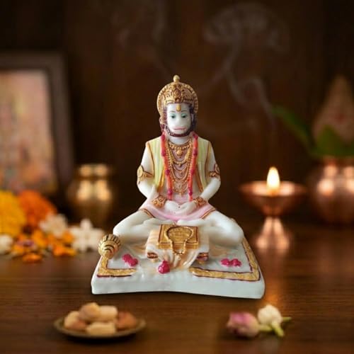 Image of Blessing Hanuman Idol - Multicolor Sitting Bajrangbali Murti with Gada for Home Temple Decor | Lord Hanuman Ji Statue for Strength, Protection & Devotion | Puja Showpiece Gift (10.5 Cm Hanuman ji)