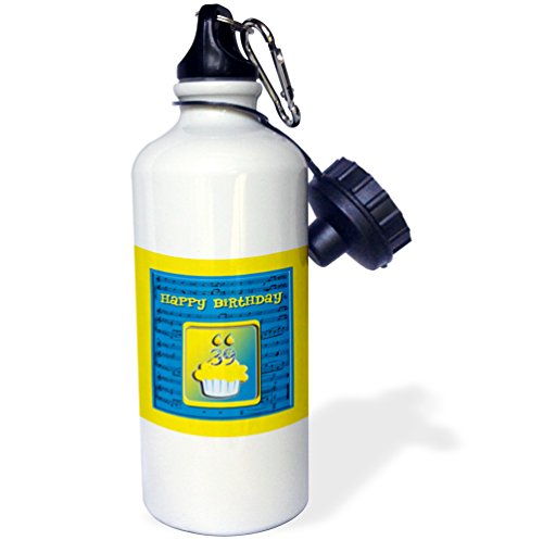 3Drose "39Th Birthday Cupcake On Music Notes, Blue And Yellow" Sports Water Bottle, 21 Oz, White #TOP22