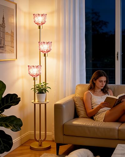 Image of Lightdot Glass Floor Lamp for Living Room 3-Lights Modern Gold Floor Lamp with Rose Red Glass Shade 3000K Bulbs Included Unique Standing Lamp with 5Lbs Heavy Base for Bedroom /Sofa Beside /Corner Decor