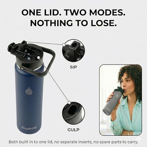 Insulated Metal Water Bottle with Straw 750ml- Stainless Steel Water Bottle, BPA Free, Dual Lid Straw & Spout, Leakproof, 24 Hours Cold & Hot, Work, Travel, Gym Bottle for Men & Women - Blue- Daydrate - Image 5