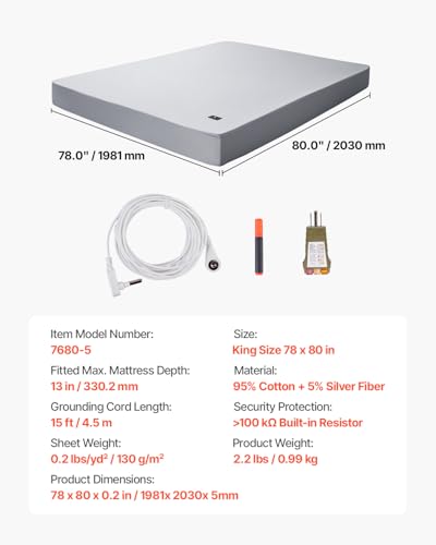 Image of VEVOR Grounding Sheets, King Size, 95% Cotton + 5% Pure Silver Fiber, Earth Grounded Fitted Bed Sheets, with Grounding Cord & Tester, for Improved Sleep & Wellness (Gray, King - 78 x 80 x 13 in)
