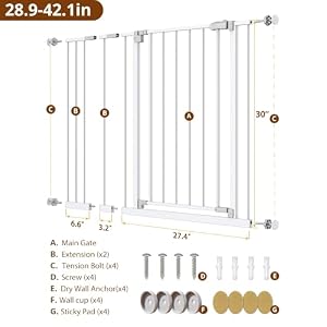 InnoTruth 28.9-42.1" Wide Baby Gate for Stairs, 30" Tall Dog Gates for Doorways Expandable One-Hand Open, Easy Walk Through Dual Lock Metal Pet Gates for Dogs, White-Family & Mom's Choice Award Winner