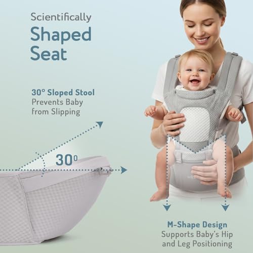 Image of Bonfino Admire 5-in-1 Hipseat Baby Carrier|Ergonomic Baby Carry Bag, Adjustable Strap & Breathable Fabric|Baby Carrier with Stylish Belt| Baby Holder for 5-18 Month Babies,15 Kg Capacity - Grey