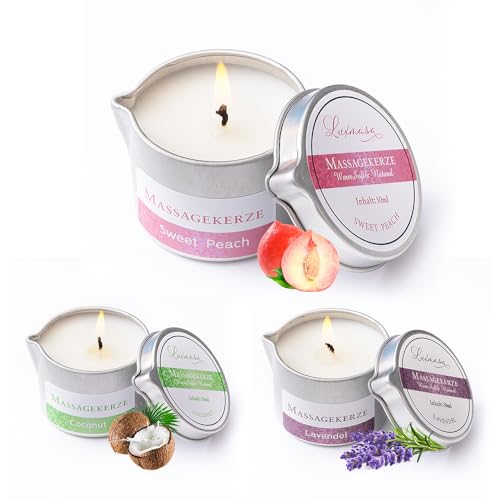 Massage Candle 3 Pack Scented Body Lotion Oil Candle All Natural Soy Wax Jojoba Oil Infused Skin Moisturizing Home SPA Amazing Gift Set 50 ml*3 (Lavender Sweet Peach Coconut)