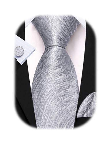 Image of Barry.Wang Man Stripe Ties Set Silk Woven Pocket Square Necktie Cufflinks Formal Party Business