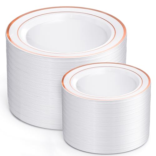 I00000 200 Pcs Rose Gold Plastic Plates, Disposable Party Plates Include 100 Gold Dinner Plate 10’’ and 100 Disposable Dessert Plate 7’’ Perfect for Party, Wedding & Birthday