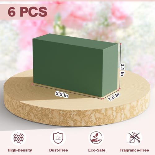 New 2026 6-Pack Floral Foam Blocks, Florist Green Foam for Flower Arrangements, Wet & Dry Styrofoam for Fresh and Artificial Flowers, Premium Plant Sponge Foam for Planters (5.5\"L X 3.1\"W X 1.6\"H)