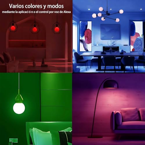 iLC Bombilla Inteligente Alexa LED E27, Compatible con Alexa (se necesitan dispositivos Echo), G80 6W Bombilla que Cambia de Color Blanco Cálido 2700K +RGB (Paquete 2) - imagen 6