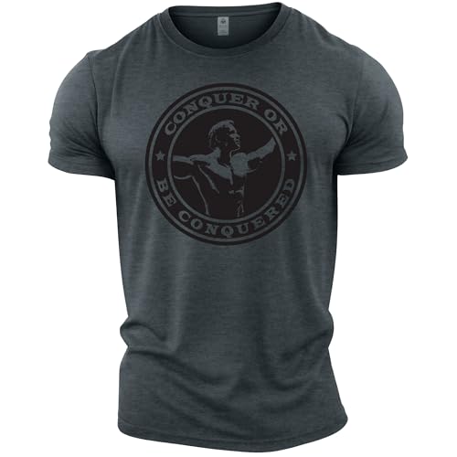 GYMTIER Camiseta Culturismo Hombre - Arnold Schwarzenegger Conquer - Top Entrenamiento Gimnasio
