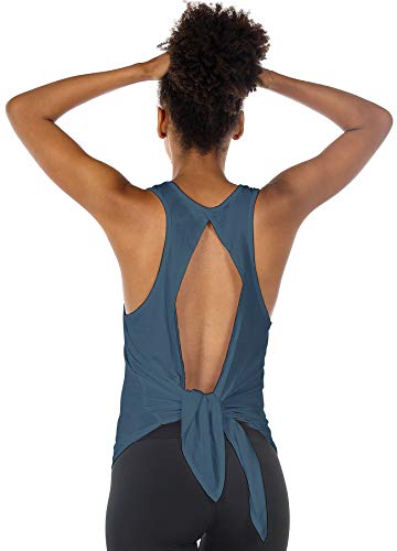 icyzone Open Back Workout Tops for Women - Athletic Activewear Shirts Exercise Yoga Tank Tops (S, Harbor Blue)