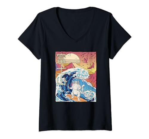 Japonés olas surf gato arte japonés monte fuji puesta de sol Camiseta Cuello V