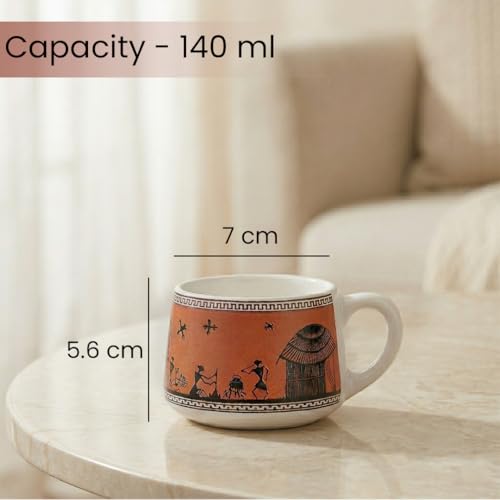 Image of The Earth Store Brown Warli Art Ceramic Tea Cup Set of 6 for Tea | 140ML Each | Microwave & Dishwasher Safe | Perfect for Every Occasion Chai | Coffee Cups for Home, Office, Gifting & Daily Use