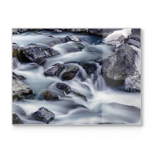 DEQORI Tagliere in vetro, grande, 40 x 30 cm, motivo corsa del flusso invernale, tagliere di design per cucina, tagliere per la colazione, antibatterico e antiscivolo, piano in vetro e piatto da