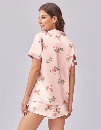 Image of Ekouaer Silk Satin Pajamas 2 Piece Silky Pjs Short Sets Sleepwear Button Down Loungewear for Women Light Pink Floral X-Large