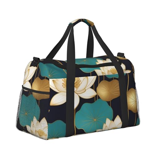 Boho Gold Lotusflowers Print Travel Duffle Bag - Foldable Personal Item Travel Bag for Women & Men,Carry-On Convertible Crossbody Tote Bags with Adjustable Shoulder Strap & Pockets 13x10.2x19.7 in3