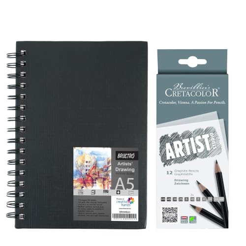 Image of BRUSTRO Artists' Sketch Book Wiro Bound, Size A5 (5.8x8.3 inches), 160 GSM, 116 Pages with Cretacolor Studio Line Graphite Pencil, Set of 12, Black| Ideal for Sketching,Drawing,Shading,Blending