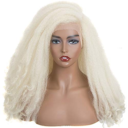 NOBLE GIRL 613 Blonde Lace Front Wigs Afro Wig Kinky Straight Wigs L Shape Side Part Synthetic Lace Wigs with Bohemian Curly Ends for Black Women (21 inch, Blonde Wig)
