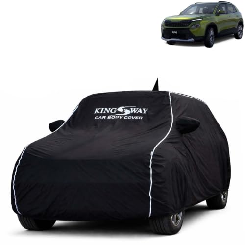 Image of KINGSWAY Super Waterproof Car Cover Only with Skoda Kylaq (Year 2024 Onwards - All Model) | Mirror and Antenna Pockets | All Weather Car Body Cover with Silver Piping | Black
