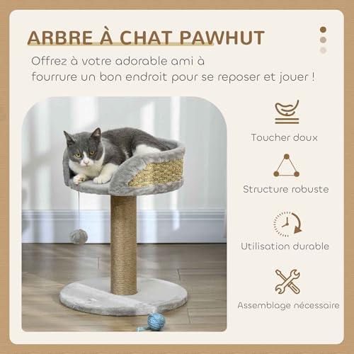 PawHut Kratzbaum für Katzen, Kletterbaum, Design mit Bommel zum Aufhängen + Plattform Plüsch- 40 x 40 x 49 cm- Jute grau-3