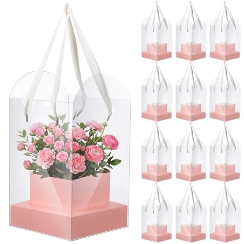 Kolldenn 12 Pack Clear Pink Flower Bouquet Bags with Handle, 9.45 Inch Mother's Day Boxes for Floral Arrangement, PVC Waterproof Flower Gift Bags for Wedding Florist Packaging Supplies