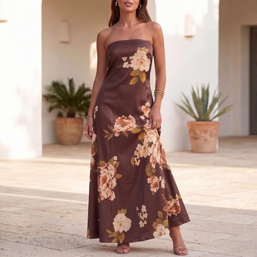 Image of Zwirelz Women Strapless Maxi Dress Boho Floral Print Flowy Long Tube Dress Off Shoulder Loose Beach Sundress