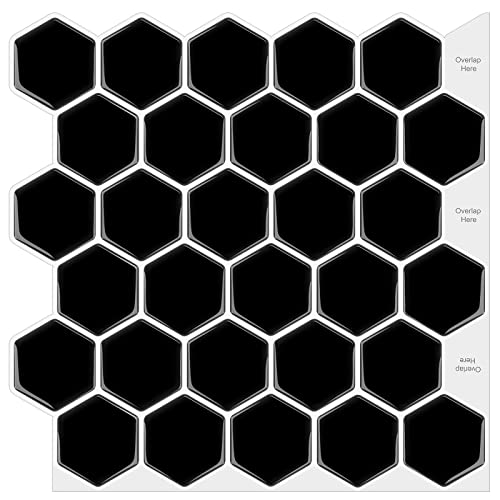 Waldecoo Hexagon Peel And Stick Backsplash, 10 Sheets Premium 3D Self Adhesive Wall Tiles, Black Stick On Backsplash For Kitchen And Bathroom (12" X 12") #TOP22