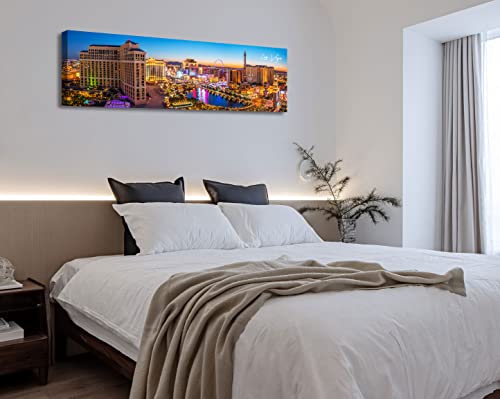 Image of Las Vegas Skyline Wall Art Cityscape Canvas Prints City Modern Building Posters Bellagio Fountain Skyscraper Night View Panoramic Pictures for Home Office Living Room Decor Framed 13.8 inchx45.3 inch