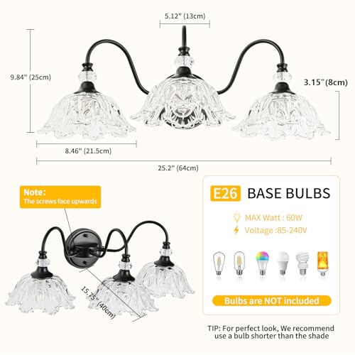 Image of Black Bathroom Vanity Light,3-Light Vanity Light with Crystal Glass Shades,Vintage Farmhouse Vanity Lighting for Bathroom and Dressing Table