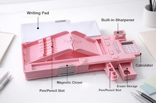 Image of KiddieWorld Pencil Box for Kids with Calculator & Sharpener | Multi-Compartment Plastic Pencil Case with Writing Pad | Cute Pink Pencil Box for Girls School Use