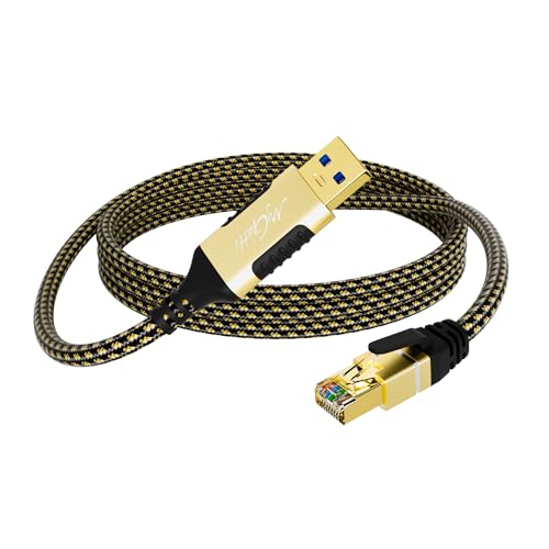 USB to Ethernet Cable 10 FT, USB-A 3.0 to RJ45 Cable, FTP, 1Gbps High-Speed-Shielded LAN Network Cable, Directly Connected, Compatible with Laptop, PC, MacBook, Switch, Windows, macOS, Linux