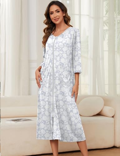 Image of Bloggerlove Zipper Front Robes for Women House Coat Half Sleeve Loungewear Long Nightgown with Pockets S-3XL