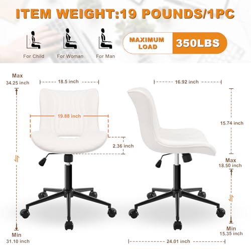 Image of Armless Office Chair, Height Adjustable Desk Chair with Wheels, Ergonomic Comfy 360 Swivel Home Office Computer Task Chair, Faux Leather Padded Cute Vanity Chair, White