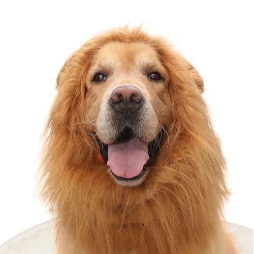 MUNSKT Löwenmähne Perücke mit Ohren, verstellbares Haustierkostüm mit Ohren für Hundekostüme, Mähne, Löwenhaar, Hundekleidung, Kleid für Halloween, Weihnachten, Party, Aktivität, Größe L