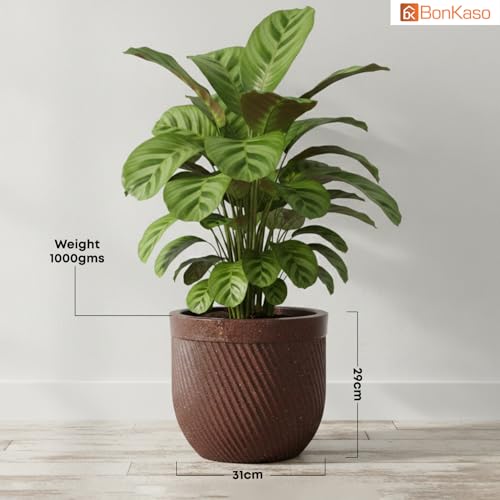 Image of Bonkaso 12 Inch Seltos Ribbed Planter for Indoor & Outdoor Use | Round Heavy Duty Polymer Flower Pot | Lightweight Weather Resistant Modern Gamla for Living Room Balcony & Terrace (Brown)