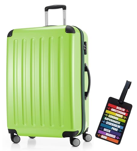 Hauptstadtkoffer - Alex Hartschalen-Koffer-XL Koffer Trolley Rollkoffer Reisekoffer Erweiterbar, 4 Rollen, TSA Zahlenschloss, 75 cm, 119 Liter, Apfelgrün + Design Kofferanhänger