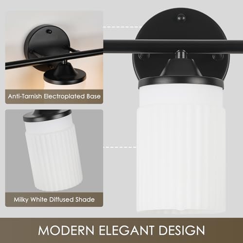 Image of Jonsi Black Bathroom Light Fixtures 3-Light Vanity Lights Modern Wall Sconce with Milk White Shade Bathroom Light Fixture Over Mirror for Bedroom Hallway Kitchen