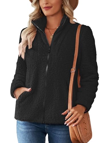 Nilimoph Womens Fleece Jumper Teddy Fleece Jacket Sweatshirts Casual Jumpers Top Fuzzy Full Zip Up Long Sleeve Stand Collar Cozy Coat Tops with Pockets (Z Black, M)