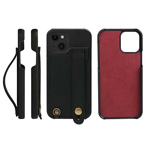 iPhone 14 ケース Handy ハードケース PUレザー 耐衝撃 スタンド機能 ハンディベルト ハンドメイド ストラップホール ストラップリング カードポケット ブラック 黒 H6-14-Black