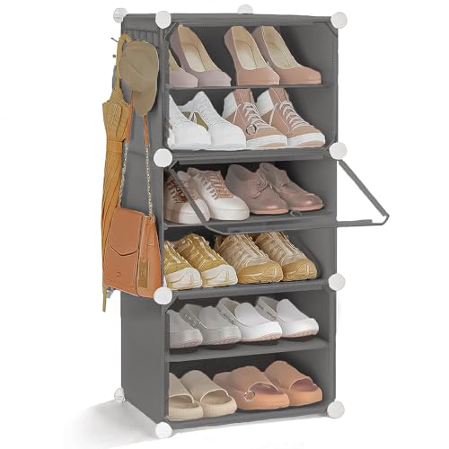 Image of Shoe Rack Multipurpose 5 Shelves Shoe Rack with Zip Door Cover & Side Pockets, Multiuse Wide Shelve,Rack for Footwear, Toys, Clothes (Grey, 6-Layer)