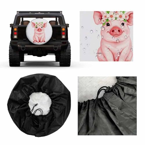 Image of Pink Pig Spare Tire Cover Funny Piglet Wearing Wreath Farm Cartoon Watercolor Animal Weatherproof Universal Wheel Protectors Camper Tire Covers for Trailer Rv Travel(17 inch)