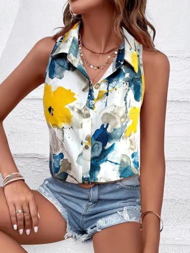 Image of Gufrina Women's Sleeveless Button Down Shirt with Abstract Floral Print in Yellow and Blue - Lightweight Casual Summer Top for Relaxed Fit