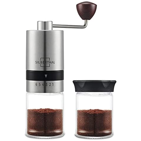 SILBERTHAL Kaffeemühle Manuell Kegelmahlwerk - Verstellbarer Mahlgrad - Handmühle aus Edelstahl und Glas Cover