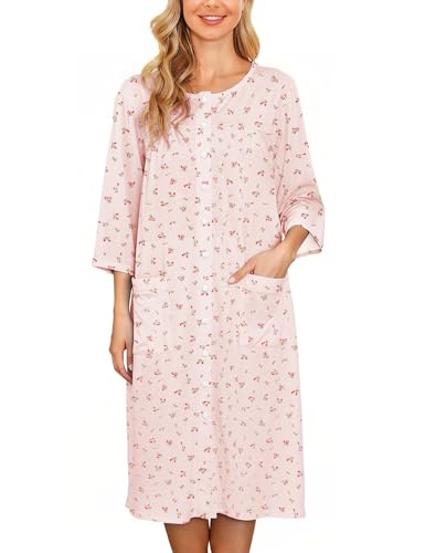 Image of Bloggerlove House Dress Women Cotton Snap Front Nightgown 3 /4 Sleeve Housecoat Duster Robe with Pockets Moomoo Patio Dress