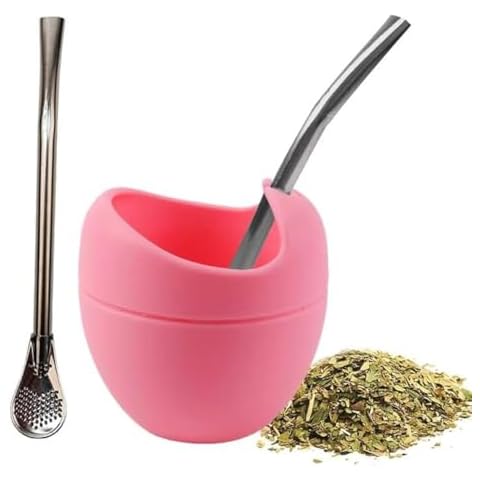 Intatikoo Yerba Mate Cup Set,6 OZ Tea Cup Set Includes Bombilla Stainless Steel Filter Straw BPA Free,Travel and Beach Essentials,Easy to Clean(Pink) Cover